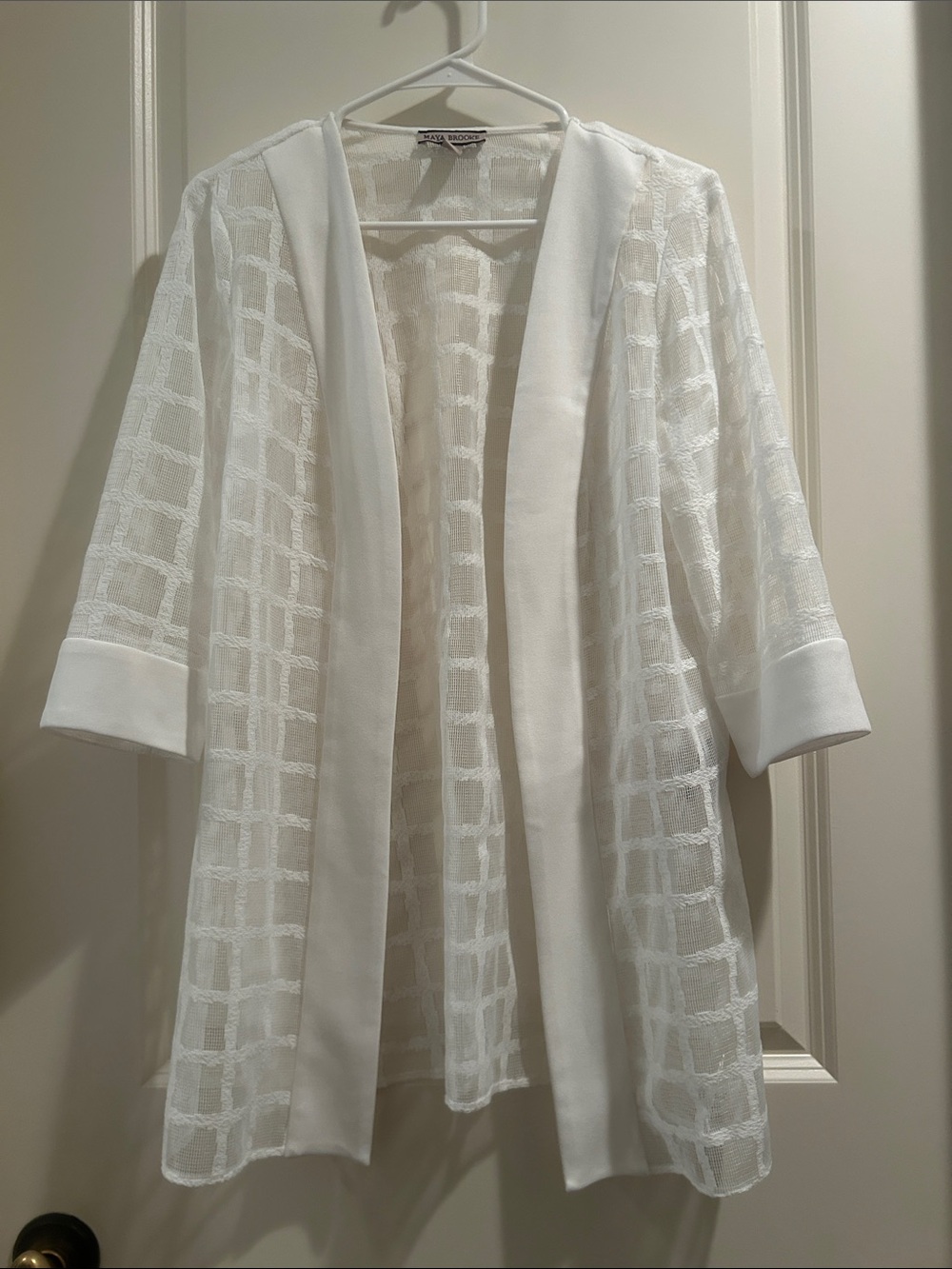 Maya Brooke Open Sheer Grid Mesh Textured Cardigan Jacket 3/4Sleeve size 8 white